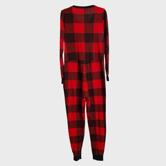 Old Navy Thermal Knit One-Piece Pajama Women's Sz L Red Black Plaid Cozy Buttons - Picture 12 of 16